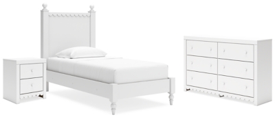 Mollviney Twin Panel Bed with Dresser and Nightstand, White