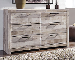 Butcher block has long been a staple in the kitchen, but the Effie dresser transforms it into something fresh and new in the bedroom. Nicks and gouges give each piece the one-of-a-kind look and feel of reclaimed wood lending an urban farmhouse aesthetic at a comfortably affordable price. Best of all—clean, linear design includes six roomy drawers that beautifully accommodate.Dresser only | Made of engineered wood (MDF/particleboard) and decorative laminate | Butcher block, whitewash finish over replicated pine grain with authentic touch | Drawer pulls in antiqued gunmetal finish | 6 smooth operating drawers with faux linen lining | Safety is a top priority, clothing storage units are designed to meet the most current standard for stability, ASTM F 2057 (ASTM International) | Drawers extend out to accommodate maximum access to drawer interior while maintaining safety | Assembly required