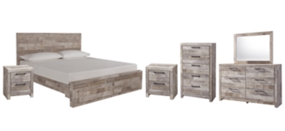 Effie King Panel Bed with 2 Storage Drawers with Mirrored Dresser, Chest and 2 Nightstands, Whitewash