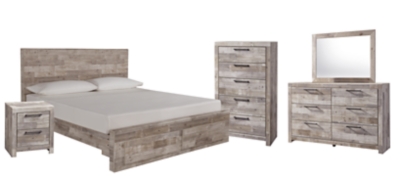 Effie King Panel Bed with 2 Storage Drawers with Mirrored Dresser, Chest and Nightstand, Whitewash