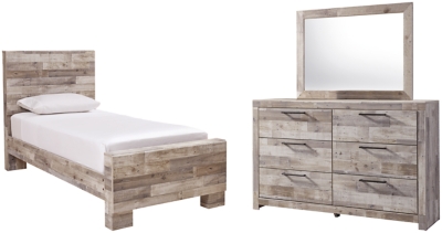 Effie Twin Panel Bed with Mirrored Dresser, Whitewash