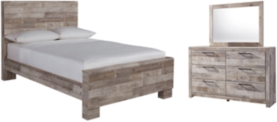 Effie Full Panel Bed with Mirrored Dresser, Whitewash