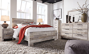 Butcher block has long been a staple in the kitchen, but the Effie queen panel bed transforms it into something fresh and new in the bedroom. A whitewash finish over replicated wood grain lends an urban farmhouse aesthetic to your restful retreat. Mattress and foundation/box spring available, sold separately.Includes headboard, footboard and rails  | Made with engineered wood (MDF/particleboard) and decorative laminate | Butcher block, whitewash finish over replicated pine grain with authentic touch | Foundation/box spring required, sold separately | Mattress available, sold separately | Assembly required | Estimated Assembly Time: 10 Minutes