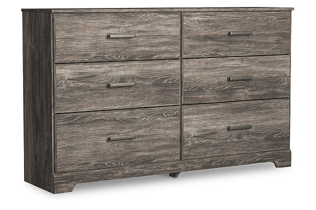 With its clean-lined look and modern attitude, the Ralinksi dresser is a fresh style awakening. Warm gray hue over replicated oak grain easily complements other furniture finishes. Smooth drawer fronts with antiqued pewter-tone handles completes the aesthetic.Dresser only | Made with engineered wood (MDF/particleboard) and decorative laminate | Rustic warm gray finish over replicated oak grain with authentic touch | Large scale pewter-tone handles | 6 smooth-gliding drawers | Safety is a top priority, clothing storage units are designed to meet the most current standard for stability, ASTM F 2057 (ASTM International) | Drawers extend out to accommodate maximum access to drawer interior while maintaining safety