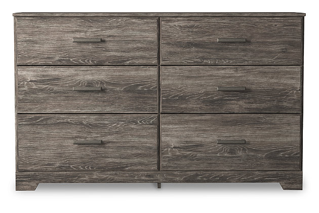 With its clean-lined look and modern attitude, the Ralinksi dresser is a fresh style awakening. Warm gray hue over replicated oak grain easily complements other furniture finishes. Smooth drawer fronts with antiqued pewter-tone handles completes the aesthetic.Dresser only | Made with engineered wood (MDF/particleboard) and decorative laminate | Rustic warm gray finish over replicated oak grain with authentic touch | Large scale pewter-tone handles | 6 smooth-gliding drawers | Safety is a top priority, clothing storage units are designed to meet the most current standard for stability, ASTM F 2057 (ASTM International) | Drawers extend out to accommodate maximum access to drawer interior while maintaining safety
