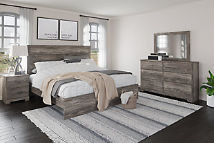 Ralinksi King Panel Bed with Mirrored Dresser and Nightstand, Gray, rollover