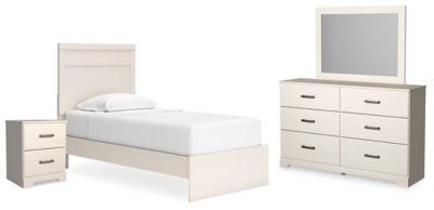 Stelsie Twin Panel Bed with Mirrored Dresser and Nightstand, White, large