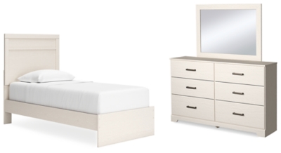 Stelsie Twin Panel Bed with Mirrored Dresser, White