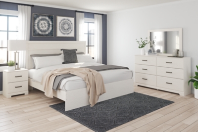 Stelsie King Panel Bed with Mirrored Dresser and Nightstand, White, rollover