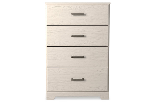With its clean-lined look and modern attitude, the Stelsie chest of drawers is a fresh style awakening. Crisp, white hue over subtle replicated wood grain easily complements other furniture finishes. Smooth drawer fronts with antiqued pewter-tone handles completes the aesthetic.Made of engineered wood (MDF/particleboard) and decorative laminate | White painted finish with subtle replicated wood grain with authentic touch | Antiqued pewter-tone handles | 4 smooth-gliding drawers | Safety is a top priority, clothing storage units are designed to meet the most current standard for stability, ASTM F 2057 (ASTM International) | Drawers extend out to accommodate maximum access to drawer interior while maintaining safety