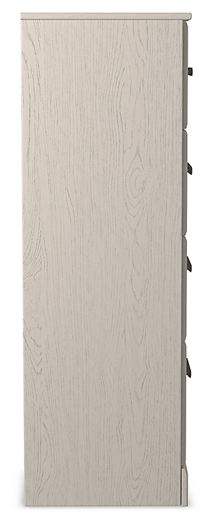 With its clean-lined look and modern attitude, the Stelsie chest of drawers is a fresh style awakening. Crisp, white hue over subtle replicated wood grain easily complements other furniture finishes. Smooth drawer fronts with antiqued pewter-tone handles completes the aesthetic.Made of engineered wood (MDF/particleboard) and decorative laminate | White painted finish with subtle replicated wood grain with authentic touch | Antiqued pewter-tone handles | 4 smooth-gliding drawers | Safety is a top priority, clothing storage units are designed to meet the most current standard for stability, ASTM F 2057 (ASTM International) | Drawers extend out to accommodate maximum access to drawer interior while maintaining safety