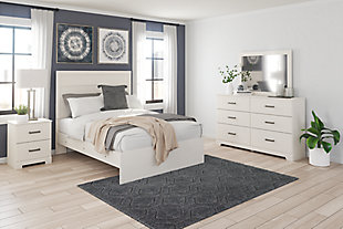 Stelsie Full Panel Bed with Mirrored Dresser and Nightstand, White, rollover