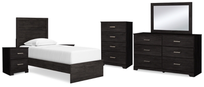 Belachime Twin Panel Bed with Mirrored Dresser, Chest and 2 Nightstands, Charcoal