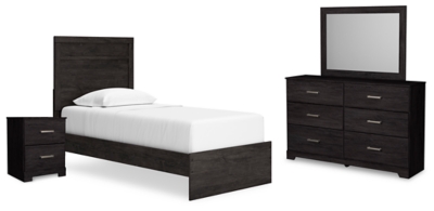 Belachime Twin Panel Bed with Mirrored Dresser and Nightstand, Charcoal, large