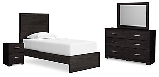 Belachime Twin Panel Bed with Mirrored Dresser and Nightstand, Black, large