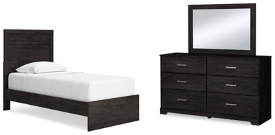 Belachime Twin Panel Bed with Mirrored Dresser, Charcoal