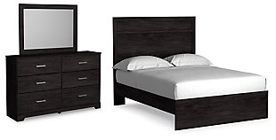 Belachime Full Panel Bed with Mirrored Dresser, Black, large