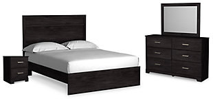 Belachime Queen Panel Bed with Mirrored Dresser and Nightstand, Black, large