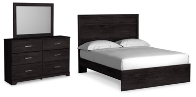 Belachime Queen Panel Bed with Mirrored Dresser, Charcoal, large