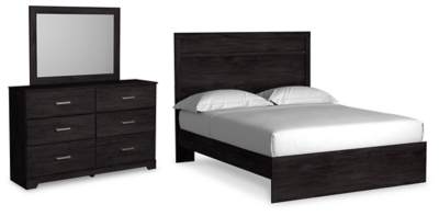 Belachime Queen Panel Bed with Mirrored Dresser, Charcoal