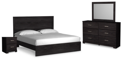 Belachime King Panel Bed with Mirrored Dresser and Nightstand, Charcoal, large