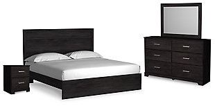 Belachime King Panel Bed with Mirrored Dresser and Nightstand, Black, large