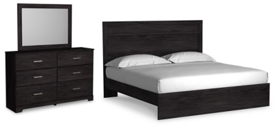 Belachime King Panel Bed with Mirrored Dresser, Charcoal