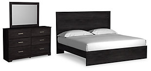 Belachime King Panel Bed with Mirrored Dresser, Black, large
