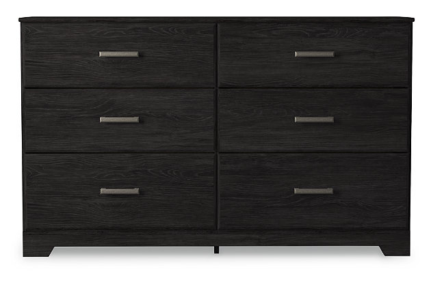 With its clean-lined look and modern attitude, the Belachime dresser is a fresh style awakening. Warm charcoal hue over replicated oak grain easily complements other furniture finishes. Smooth drawer fronts with antiqued pewter-tone handles complete the aesthetic.Dresser only | Made of engineered wood and decorative laminate | Dark charcoal finish over replicated oak grain with authentic touch | Antiqued dark pewter-tone handles | 6 smooth-gliding drawers | Safety is a top priority, clothing storage units are designed to meet the most current standard for stability, ASTM F 2057 (ASTM International) | Drawers extend out to accommodate maximum access to drawer interior while maintaining safety