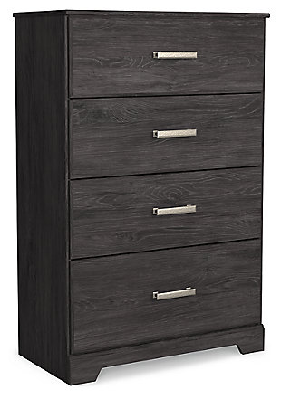 With its clean-lined look and modern attitude, the Belachime chest of drawers is a fresh style awakening. Warm charcoal hue over replicated oak grain easily complements other furniture finishes. Smooth drawer fronts with antiqued pewter-tone handles complete the aesthetic.Made of engineered wood (MDF/particleboard) and decorative laminate | Dark charcoal finish over replicated oak grain with authentic touch | Antiqued dark pewter-tone handles | 4 smooth-gliding drawers | Safety is a top priority, clothing storage units are designed to meet the most current standard for stability, ASTM F 2057 (ASTM International) | Drawers extend out to accommodate maximum access to drawer interior while maintaining safety