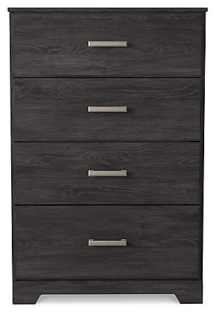 With its clean-lined look and modern attitude, the Belachime chest of drawers is a fresh style awakening. Warm charcoal hue over replicated oak grain easily complements other furniture finishes. Smooth drawer fronts with antiqued pewter-tone handles complete the aesthetic.Made of engineered wood (MDF/particleboard) and decorative laminate | Dark charcoal finish over replicated oak grain with authentic touch | Antiqued dark pewter-tone handles | 4 smooth-gliding drawers | Safety is a top priority, clothing storage units are designed to meet the most current standard for stability, ASTM F 2057 (ASTM International) | Drawers extend out to accommodate maximum access to drawer interior while maintaining safety