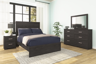 Belachime Full Panel Bed with Mirrored Dresser and Nightstand, Charcoal, rollover