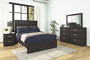 Belachime Full Panel Bed with Mirrored Dresser and Nightstand, Black, rollover
