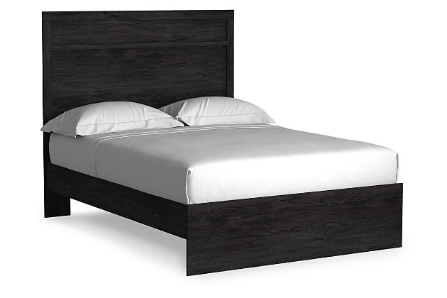 With its clean-lined look and modern attitude, the Belachime full panel bed is a fresh style awakening. Warm charcoal hue over replicated oak grain easily complements other furniture finishes. Simple, unadorned profile is given depth and dimension with the addition of plank style moulding on the headboard—proof that beauty lies in the details.Includes headboard, footboard and rails | Made of engineered wood (MDF/particleboard) and decorative laminate | Dark charcoal finish over replicated oak grain with authentic touch | Foundation/box spring required, sold separately | Mattress not included, sold separately | Assembly required | Estimated Assembly Time: 5 Minutes