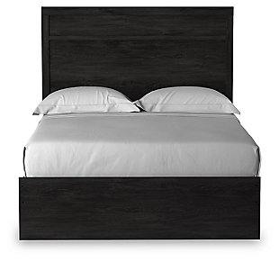 With its clean-lined look and modern attitude, the Belachime full panel bed is a fresh style awakening. Warm charcoal hue over replicated oak grain easily complements other furniture finishes. Simple, unadorned profile is given depth and dimension with the addition of plank style moulding on the headboard—proof that beauty lies in the details.Includes headboard, footboard and rails | Made of engineered wood (MDF/particleboard) and decorative laminate | Dark charcoal finish over replicated oak grain with authentic touch | Foundation/box spring required, sold separately | Mattress not included, sold separately | Assembly required | Estimated Assembly Time: 5 Minutes