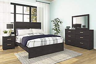 Belachime Queen Panel Bed with Mirrored Dresser and Nightstand, Black, rollover