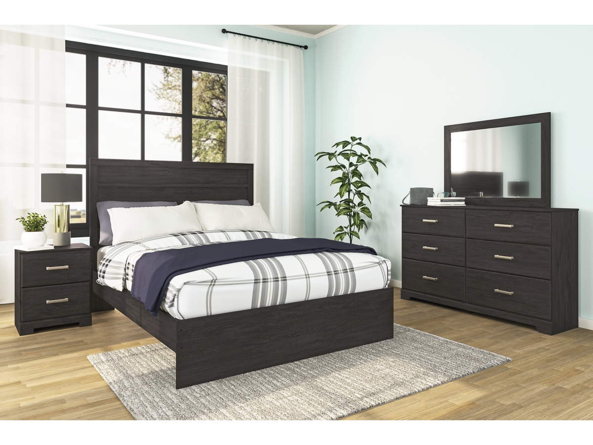 Belachime Queen Panel Bed with Mirrored Dresser and Nightstand 