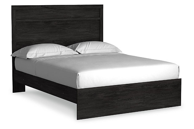 With its clean-lined look and modern attitude, the Belachime queen panel bed is a fresh style awakening. Warm charcoal hue over replicated oak grain easily complements other furniture finishes. Simple, unadorned profile is given depth and dimension with the addition of plank style moulding on the headboard—proof that beauty lies in the details.Includes headboard, footboard and rails | Made of engineered wood and decorative laminate | Dark charcoal finish over replicated oak grain with authentic touch | Foundation/box spring required, sold separately | Mattress not included, sold separately | Assembly required | Estimated Assembly Time: 5 Minutes