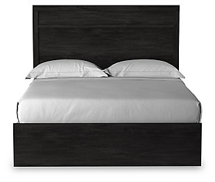 With its clean-lined look and modern attitude, the Belachime queen panel bed is a fresh style awakening. Warm charcoal hue over replicated oak grain easily complements other furniture finishes. Simple, unadorned profile is given depth and dimension with the addition of plank style moulding on the headboard—proof that beauty lies in the details.Includes headboard, footboard and rails | Made of engineered wood and decorative laminate | Dark charcoal finish over replicated oak grain with authentic touch | Foundation/box spring required, sold separately | Mattress not included, sold separately | Assembly required | Estimated Assembly Time: 5 Minutes