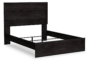With its clean-lined look and modern attitude, the Belachime queen panel bed is a fresh style awakening. Warm charcoal hue over replicated oak grain easily complements other furniture finishes. Simple, unadorned profile is given depth and dimension with the addition of plank style moulding on the headboard—proof that beauty lies in the details.Includes headboard, footboard and rails | Made of engineered wood (MDF/particleboard) and decorative laminate | Dark charcoal finish over replicated oak grain with authentic touch | Foundation/box spring required, sold separately | Mattress not included, sold separately | Assembly required | Estimated Assembly Time: 5 Minutes