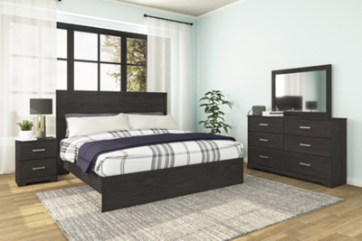 Belachime King Panel Bed with Mirrored Dresser and Nightstand, Charcoal, rollover