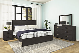 Belachime King Panel Bed with Mirrored Dresser and Nightstand, Black, rollover