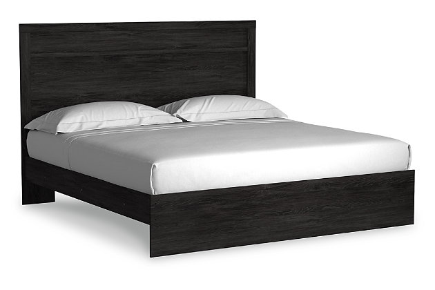 With its clean-lined look and modern attitude, the Belachime king panel bed is a fresh style awakening. Warm charcoal hue over replicated oak grain easily complements other furniture finishes. Simple, unadorned profile is given depth and dimension with the addition of plank style moulding on the headboard—proof that beauty lies in the details.Includes headboard, footboard and rails | Made of engineered wood (MDF/particleboard) and decorative laminate | Dark charcoal finish over replicated oak grain with authentic touch | Foundation/box spring required, sold separately | Mattress not included, sold separately | Assembly required | Estimated Assembly Time: 5 Minutes