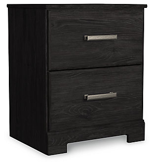 With its clean-lined look and modern attitude, the Belachime nightstand is a fresh style awakening. Warm charcoal hue over replicated oak grain easily complements other furniture finishes. Smooth drawer fronts with antiqued pewter-tone handles complete the aesthetic.Made of engineered wood and decorative laminate | Dark charcoal finish over replicated oak grain with authentic touch | Antiqued dark pewter-tone handles | 2 smooth-gliding drawers