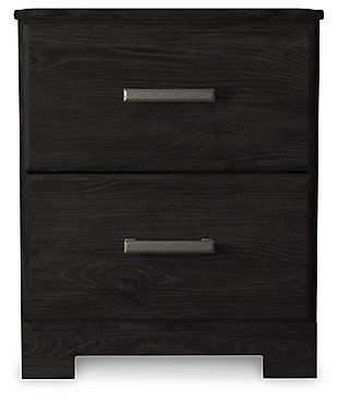 With its clean-lined look and modern attitude, the Belachime nightstand is a fresh style awakening. Warm charcoal hue over replicated oak grain easily complements other furniture finishes. Smooth drawer fronts with antiqued pewter-tone handles complete the aesthetic.Made of engineered wood and decorative laminate | Dark charcoal finish over replicated oak grain with authentic touch | Antiqued dark pewter-tone handles | 2 smooth-gliding drawers