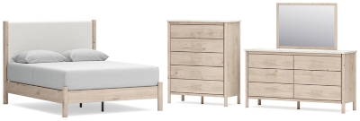 Cadmori Queen Upholstered Panel Bed with Mirrored Dresser and Chest, , large