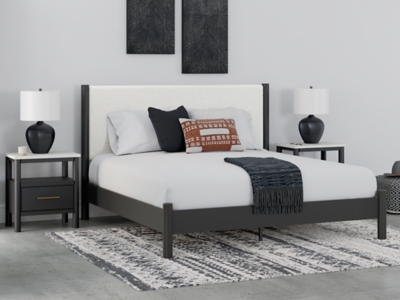 Cadmori King Upholstered Panel Bed, Black/White