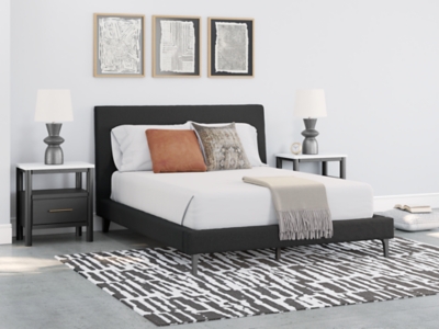 Cadmori Queen Upholstered Bed with Roll Slats, Black, rollover