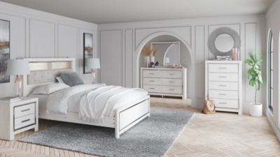 Altyra Queen Panel Bookcase Bed with Mirrored Dresser, White