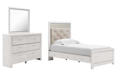 Altyra Twin Panel Bed with Mirrored Dresser, White